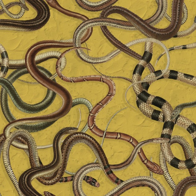 Tapet cu șerpi Snakey Yellow. Design unic cu șerpi pe un fond galben vibrant.