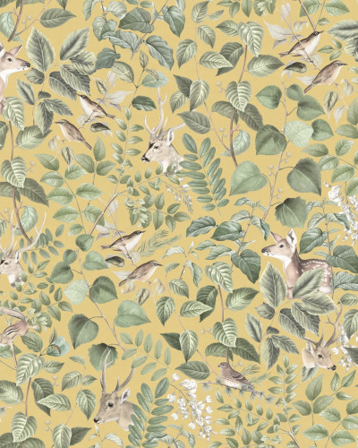 Wallpaper cu animale din padure, galben, cu un design elegant, care include cerbi, veverite, pasari si frunze.