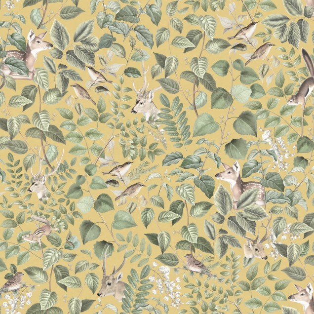 Wallpaper cu animale din padure, galben, cu un design elegant, care include cerbi, veverite, pasari si frunze.