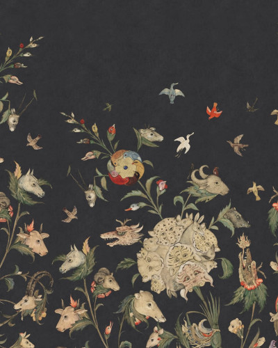 Tapet cu design artistic, cu motive florale și animale fantastice