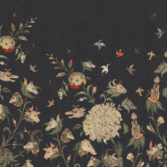 Tapet cu design artistic, cu motive florale și animale fantastice