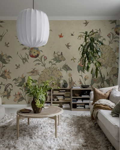 Tapet cu design unic, Quirky World, Day, cu ilustrații care creează o atmosferă magică.
