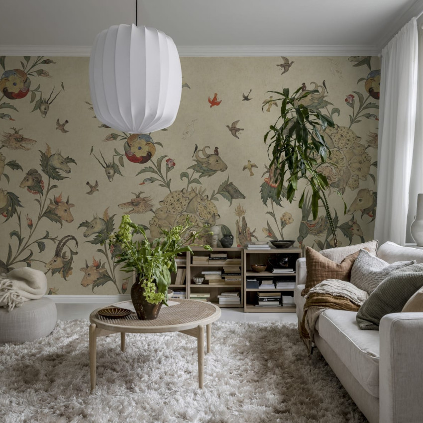 Tapet cu design unic, Quirky World, Day, cu ilustrații care creează o atmosferă magică.