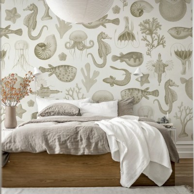 Tapet cu design marin - Sea Life Sand - pe un perete din dormitor