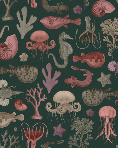 Tapet Sea Life cu cai de mare, meduze și pești pe un fundal verde.