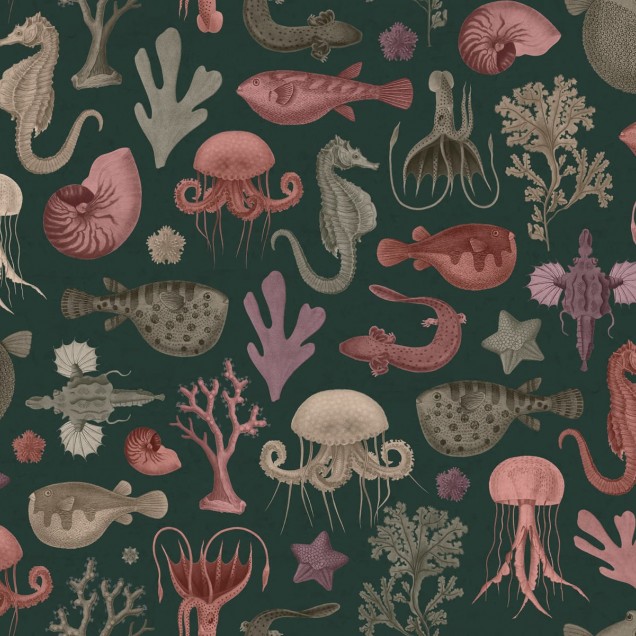 Tapet Sea Life cu cai de mare, meduze și pești pe un fundal verde.