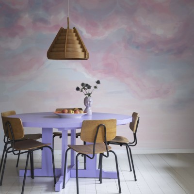Tapet Pink Sky cu design minimalist de nori în culori pastelate
