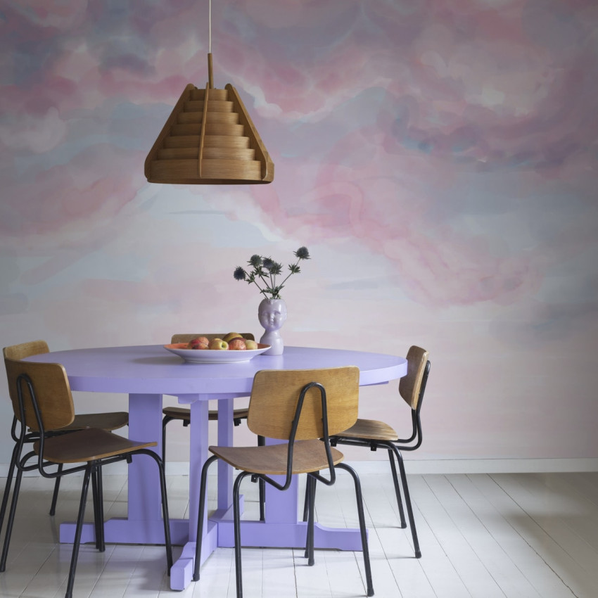 Tapet Pink Sky cu design minimalist de nori în culori pastelate