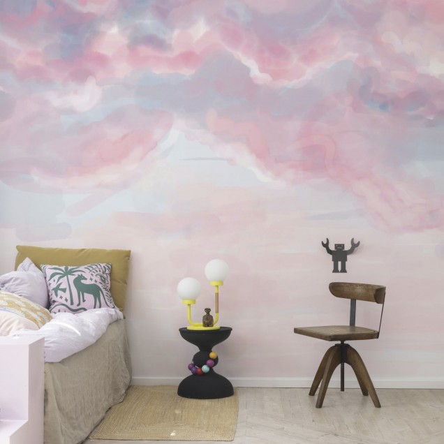 Tapet Pink Sky cu design minimalist de nori în culori pastelate