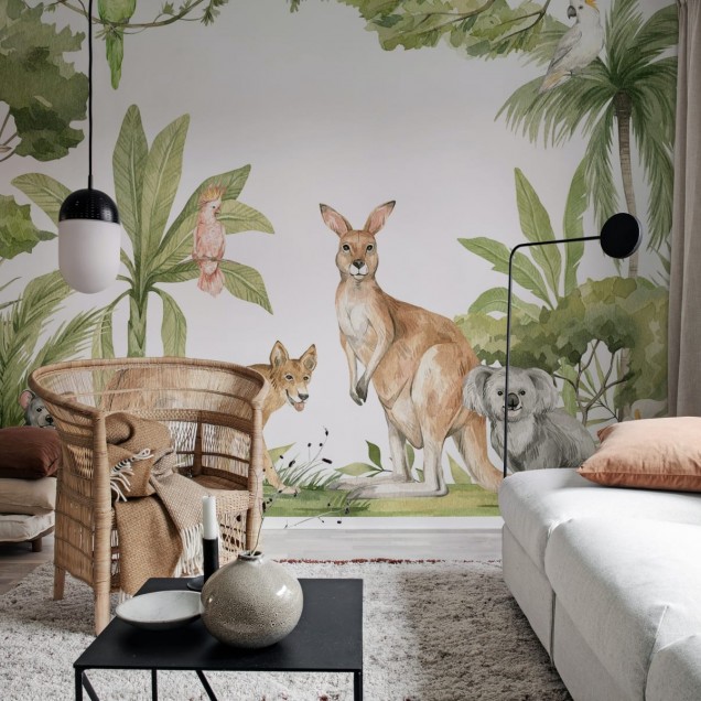 Tapet Jungle Animals cu animale simpatice din jungla si frunze luxuriante in acuarela.