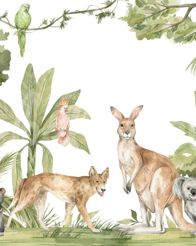 Tapet Jungle Animals cu animale simpatice din jungla si frunze luxuriante in acuarela.