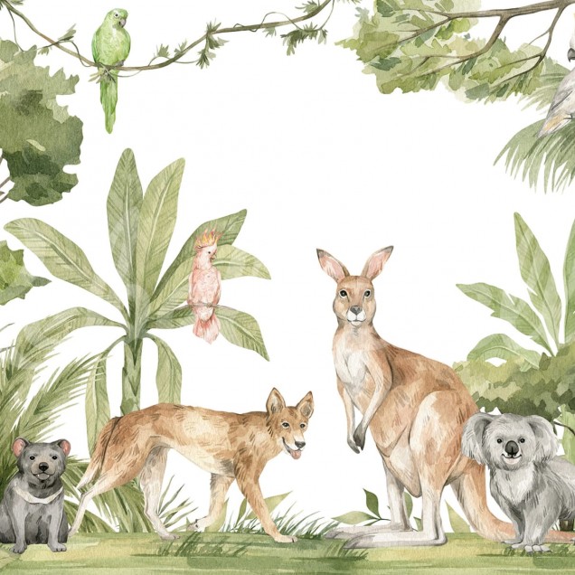Tapet Jungle Animals cu animale simpatice din jungla si frunze luxuriante in acuarela.