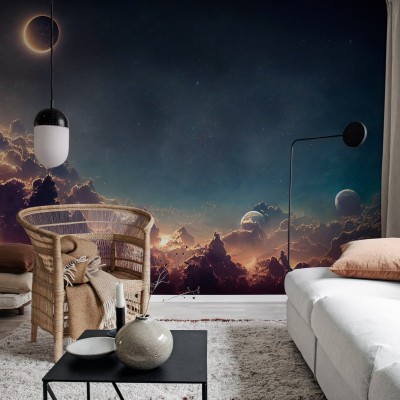 Tapet cu design cosmic într-o cameră de zi modernă