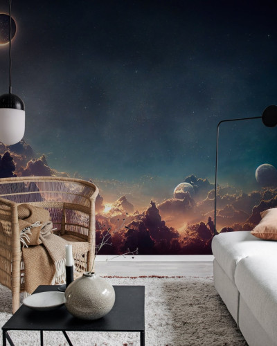 Tapet cu design cosmic într-o cameră de zi modernă