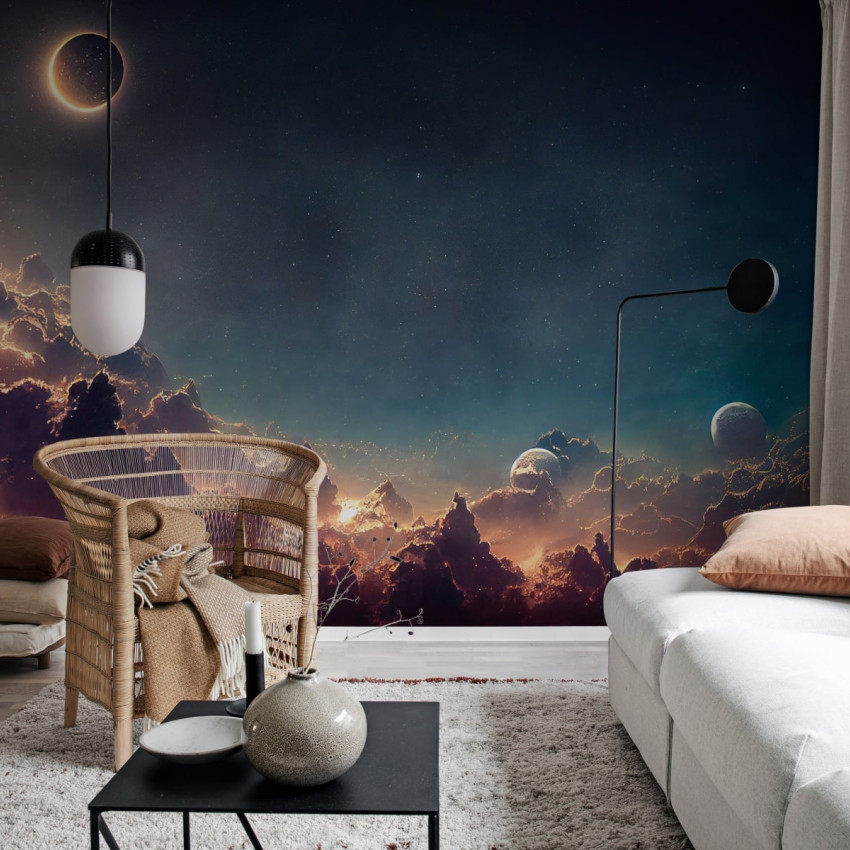 Tapet cu design cosmic într-o cameră de zi modernă