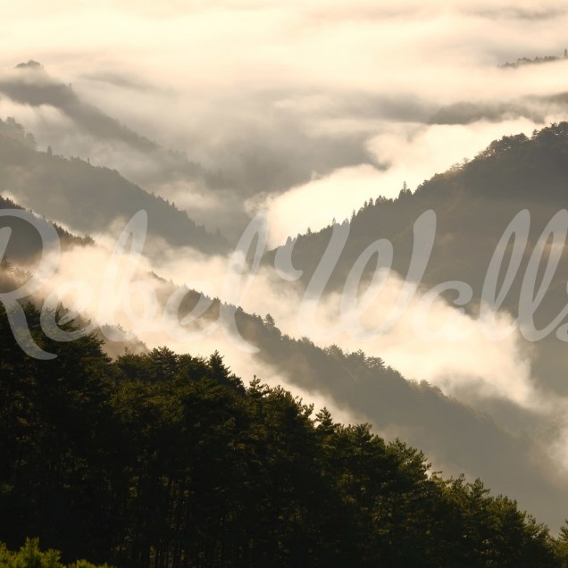 Tapet Mountain View cu vedere panoramica spre munti, in nuante de gri si maro, in dormitor.