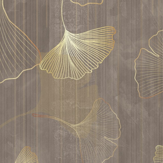 Tapet Ginkgo Leafs cu frunze de ginkgo imprimate pe un fond de lemn gri.