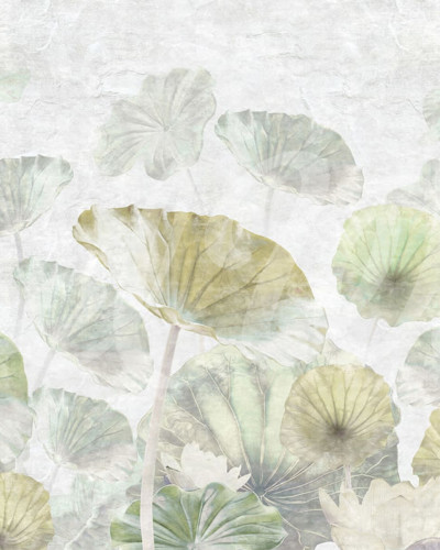 Tapet cu flori de nufăr, cu nuanțe delicate de verde și albastru, creează o atmosferă relaxantă și inspirată de natură.