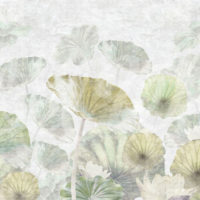 Tapet cu flori de nufăr, cu nuanțe delicate de verde și albastru, creează o atmosferă relaxantă și inspirată de natură.