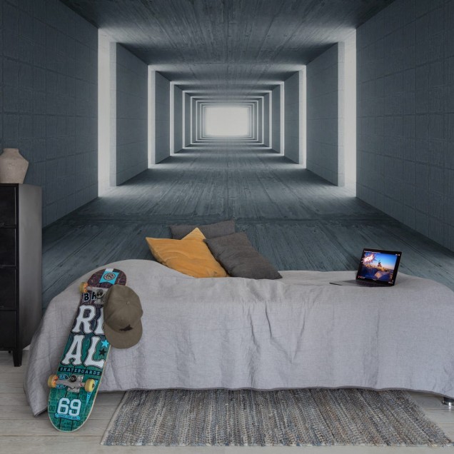 Tapet de perete cu design minimalist, cu un efect geometric, cu o perspectivă a unui tunel de lumină