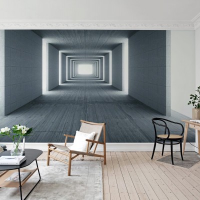 Tapet de perete cu design minimalist, cu un efect geometric, cu o perspectivă a unui tunel de lumină