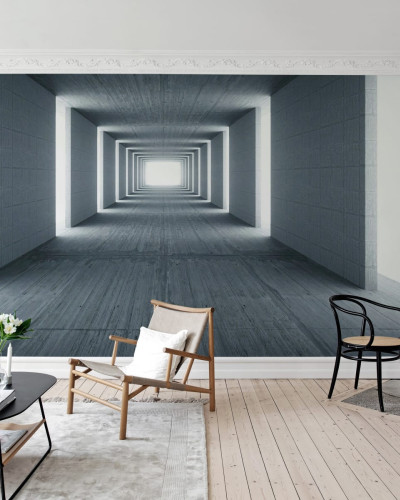 Tapet de perete cu design minimalist, cu un efect geometric, cu o perspectivă a unui tunel de lumină