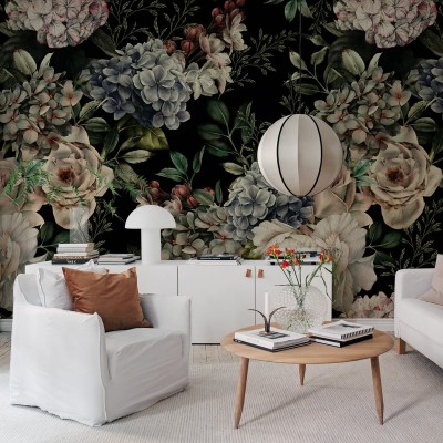 Tapet floral vintage cu flori delicate și culori pastelate.