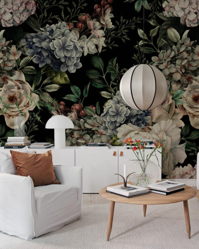 Tapet floral vintage cu flori delicate și culori pastelate.