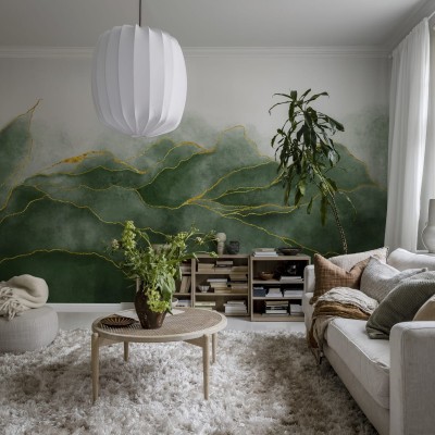 Tapet cu design modern, cu nuante de verde smarald si detalii aurii.