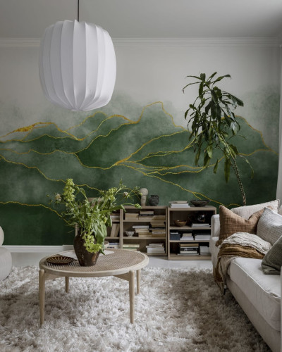 Tapet cu design modern, cu nuante de verde smarald si detalii aurii.