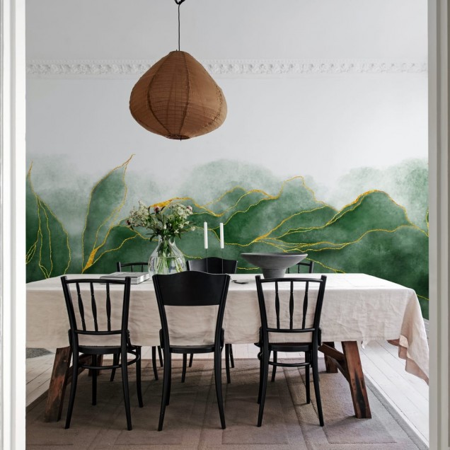 Tapet cu design modern, cu nuante de verde smarald si detalii aurii.