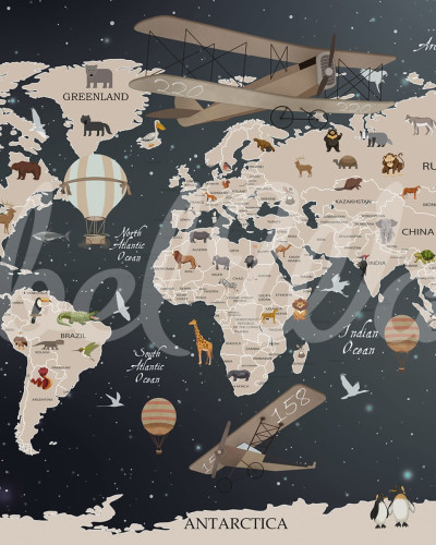 Tapet Explorer Map cu harta lumii si animale.