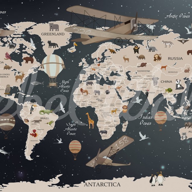Tapet Explorer Map cu harta lumii si animale.
