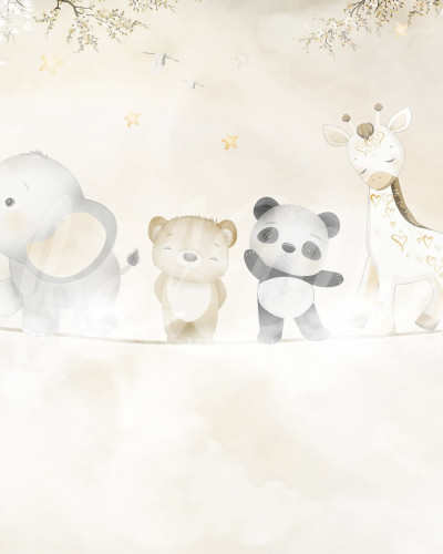 Tapet cu un elefant, un urs, un panda și o girafa pe un fundal delicat de galben cu flori albe.