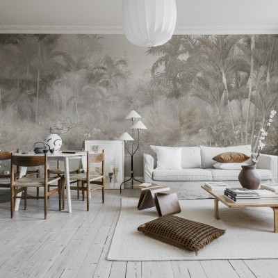 Tapet perete cu design tropical Mysterious Jungle, cu palmieri si un aer misterios.