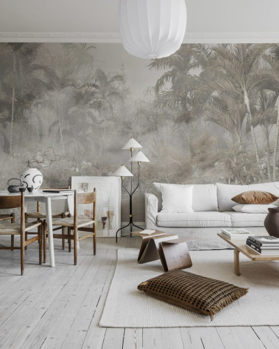 Tapet perete cu design tropical Mysterious Jungle, cu palmieri si un aer misterios.