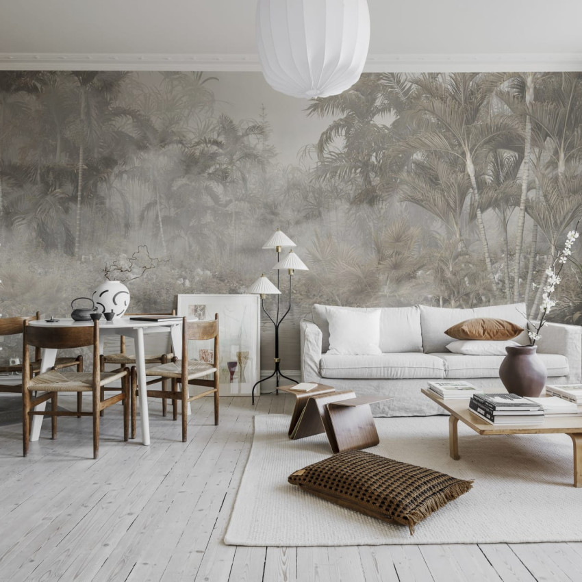 Tapet perete cu design tropical Mysterious Jungle, cu palmieri si un aer misterios.
