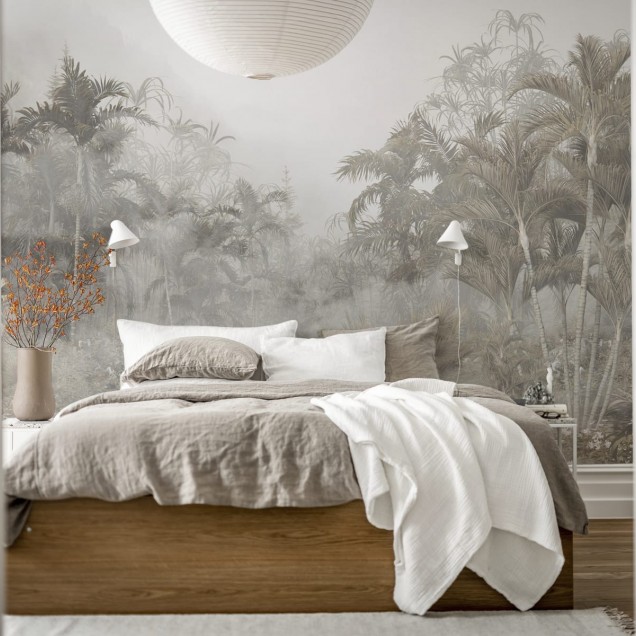 Tapet perete cu design tropical Mysterious Jungle, cu palmieri si un aer misterios.
