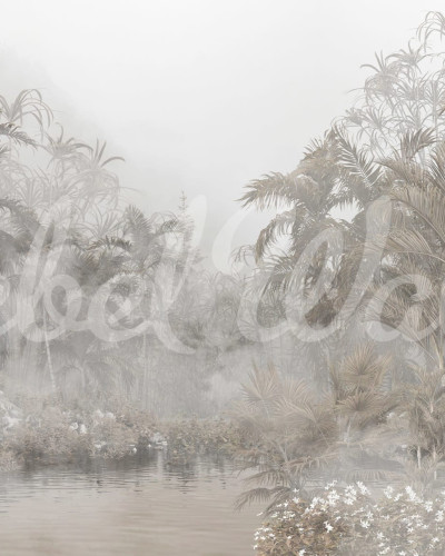 Tapet perete cu design tropical Mysterious Jungle, cu palmieri si un aer misterios.