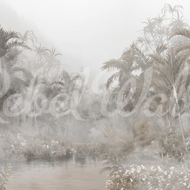 Tapet perete cu design tropical Mysterious Jungle, cu palmieri si un aer misterios.