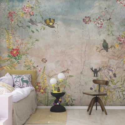 Tapet cu un design floral delicat, păsări colorate și un fundal gri.