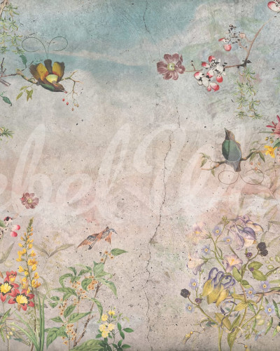 Tapet cu un design floral delicat, păsări colorate și un fundal gri.