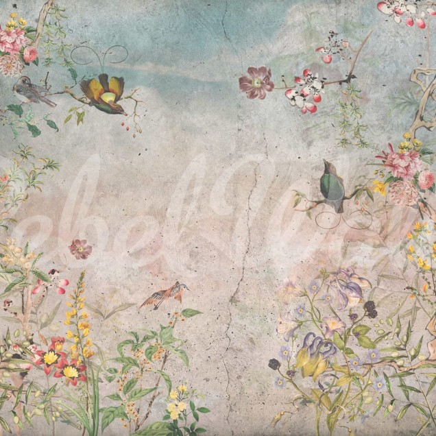 Tapet cu un design floral delicat, păsări colorate și un fundal gri.