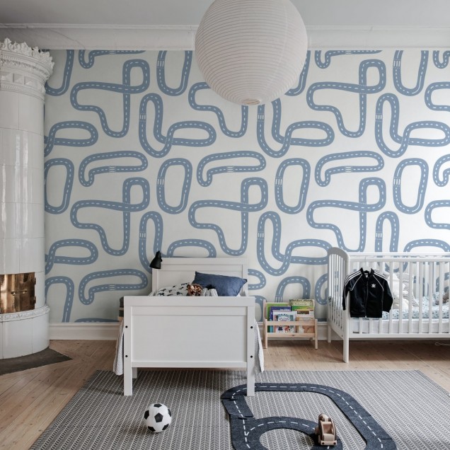 Tapet Race Track, Soft Blue, cu design distractiv de piste de curse