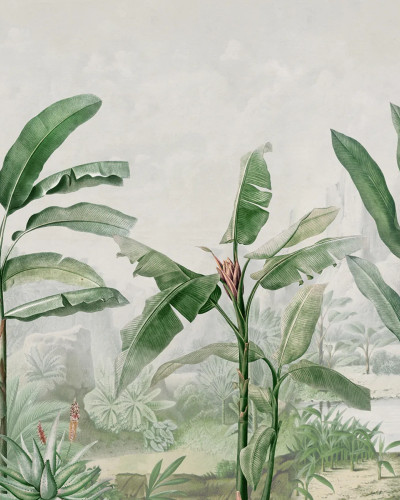 Tapet cu palmieri tropicali, verde, în decorul unei camere.