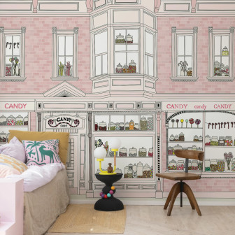 Wallpaper Candyshop roz cu design de magazin de bomboane