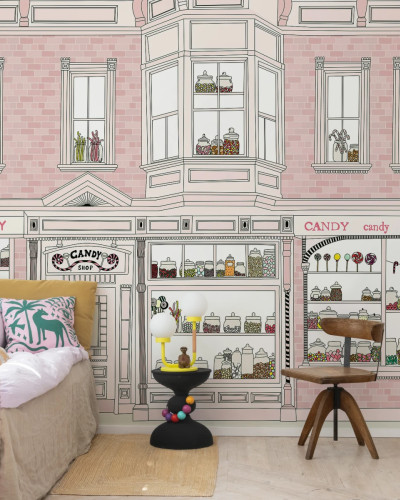 Wallpaper Candyshop roz cu design de magazin de bomboane
