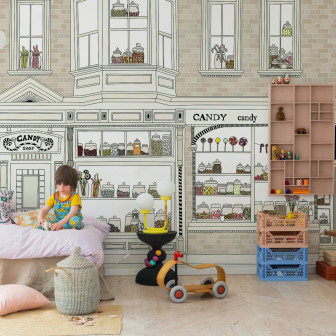 Tapet Candyshop Beige cu design vintage de dulciuri si cutii de bomboane