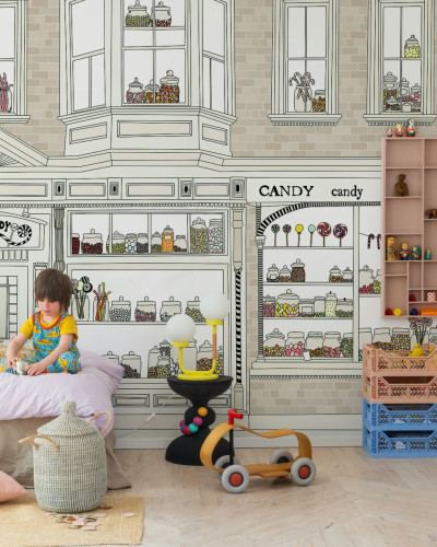 Tapet Candyshop Beige cu design vintage de dulciuri si cutii de bomboane