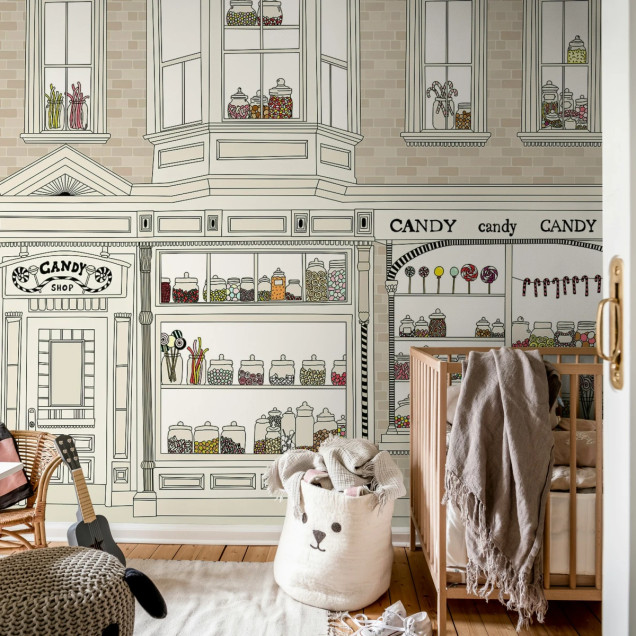 Tapet Candyshop Beige cu design vintage de dulciuri si cutii de bomboane